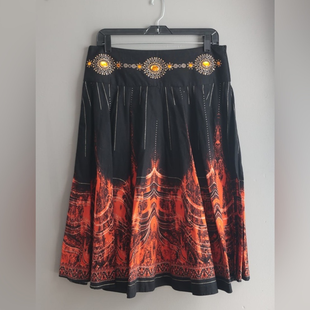 Marciano’s Gothic Boho Chic Orange & Black Embellished Skirt XL Cotton Flowy Y2K